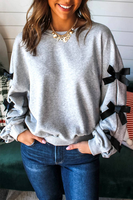 Light Grey Contrast Bow Applique Drop Sleeve Round Neck Sweatshirt: Light Grey / 50%Polyester+50%Cotton