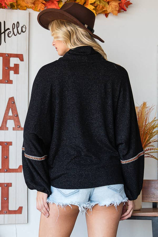 Stringed Turtleneck Hoodie Sleeve Top: Black