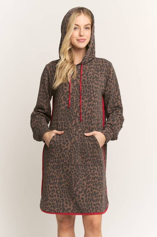 ED6906-10 ANIMAL URBAN RIBBED MINI HOODIE DRESS: Brown