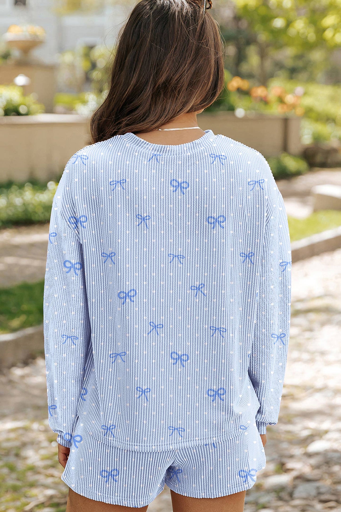 LDC Bow Twisted Rib Loose Long Sleeve Top 2pcs Short Set: Sky Blue