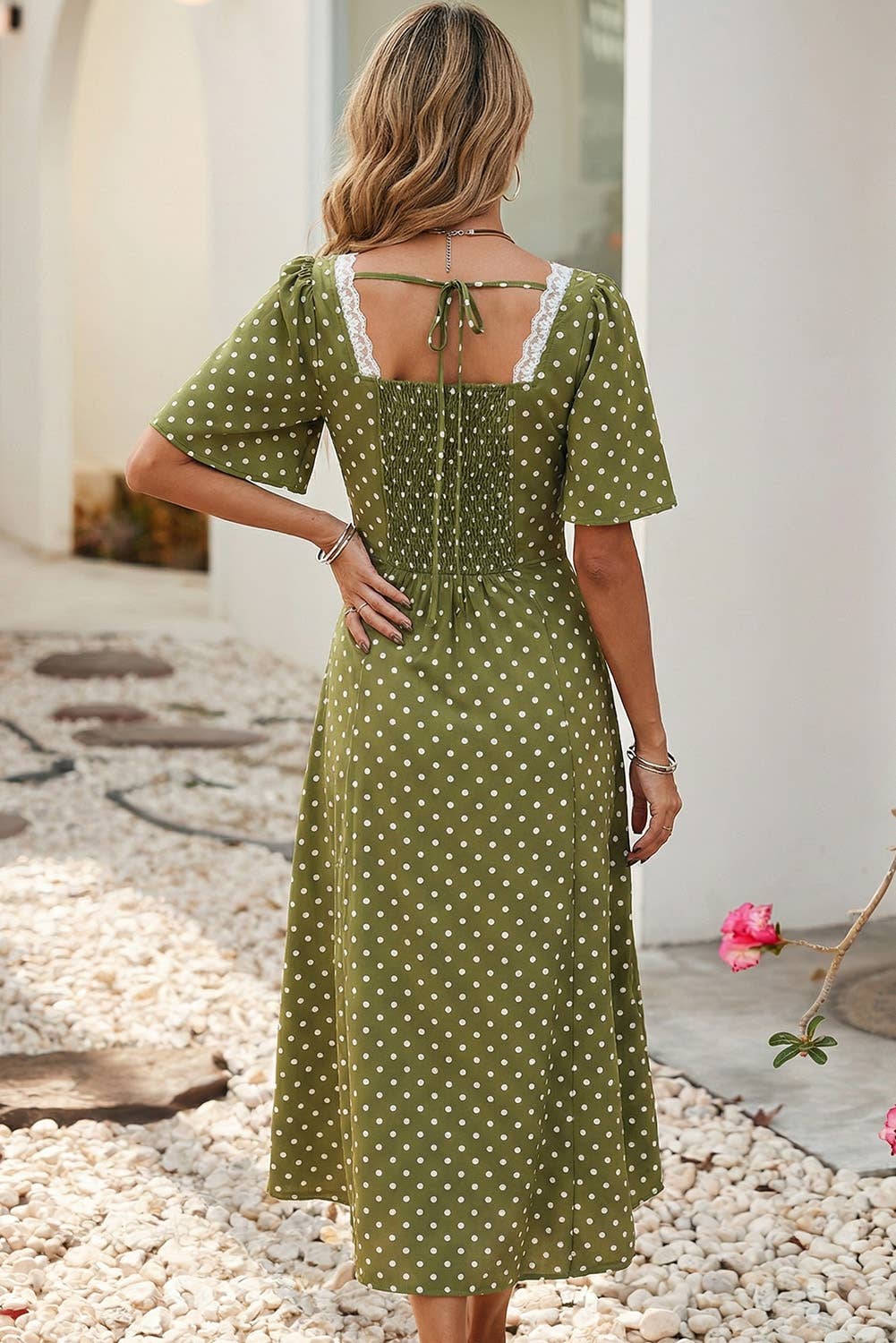 Polka Dot Lacy Neckline Smocked High Waist Maxi Dress