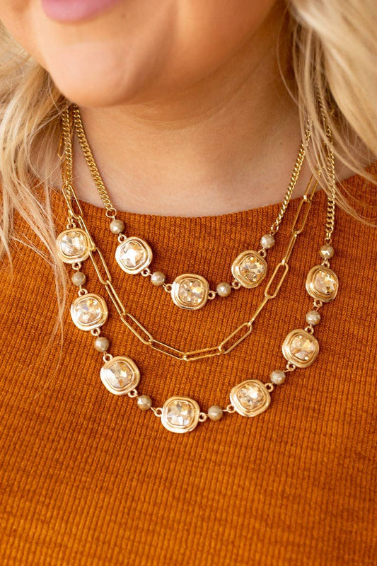 Gleaming Gold Symphony: Chunky Layers & Crystal Sparks Necklace: Gold / One Size