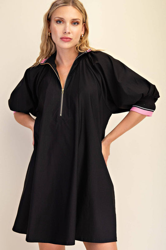 Mock Neck Band Puff Sleeve Mini Dress: BlacK