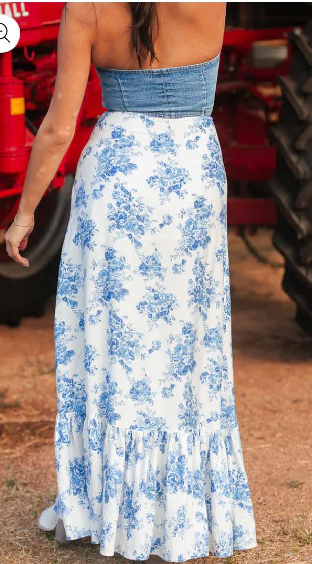 Sky Blue Boho Floral High Waist Ruffle Split Maxi Skirt