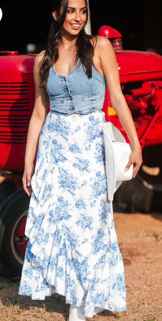 Sky Blue Boho Floral High Waist Ruffle Split Maxi Skirt