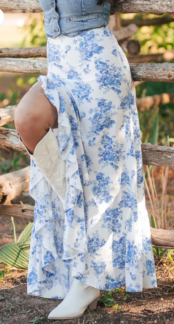 Sky Blue Boho Floral High Waist Ruffle Split Maxi Skirt