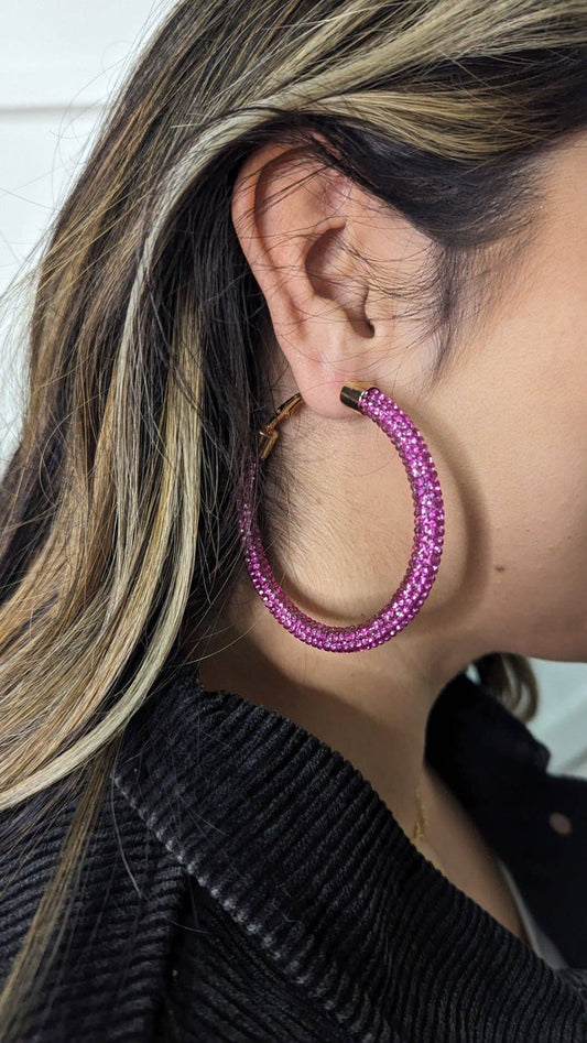 LET'S GO GIRLS TURQUOISE CRYSTAL HOOP EARRINGS: Fuchsia / One Size