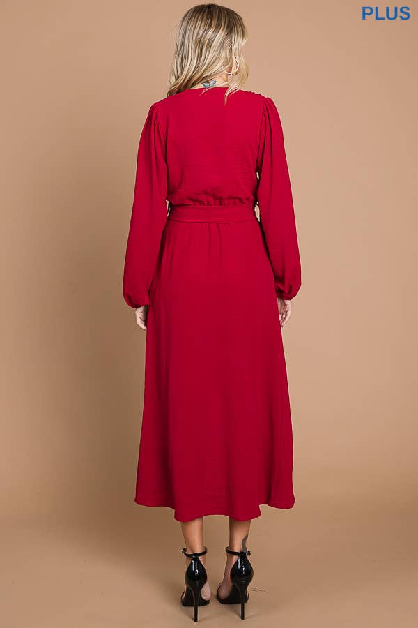 FAUX WRAP MAXI HIGH & LOW DRESS: DARK RED