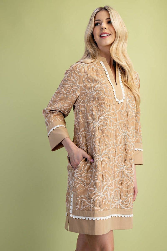 Embroidered Notch Neck Dress: TAN