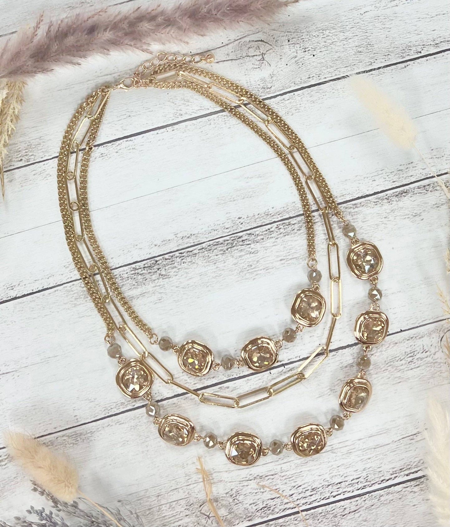 Gleaming Gold Symphony: Chunky Layers & Crystal Sparks Necklace: Gold / One Size