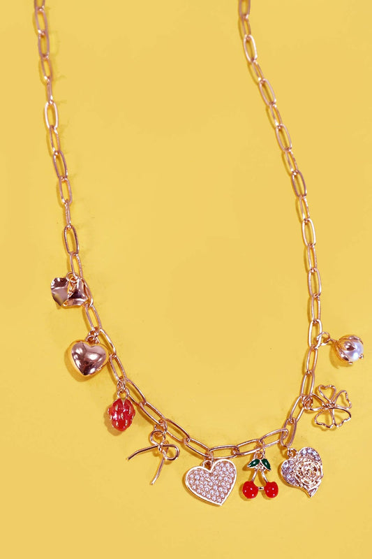 MULTI CHARM BOW CHERRY HEART NECKLACE | 80N1190: Gold