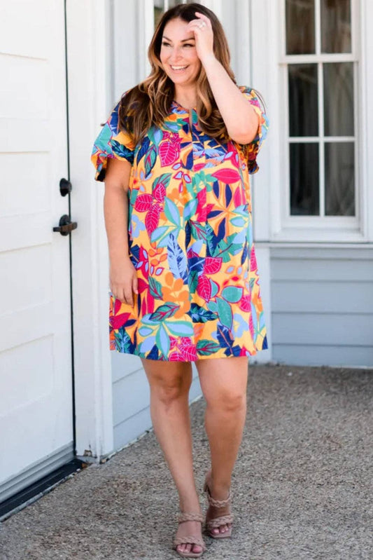 Multicolour Plus Size Leafy Print Split Neck Short Sleeve Shift Dress: Multicolour