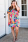 Multicolour Plus Size Leafy Print Split Neck Short Sleeve Shift Dress: Multicolour