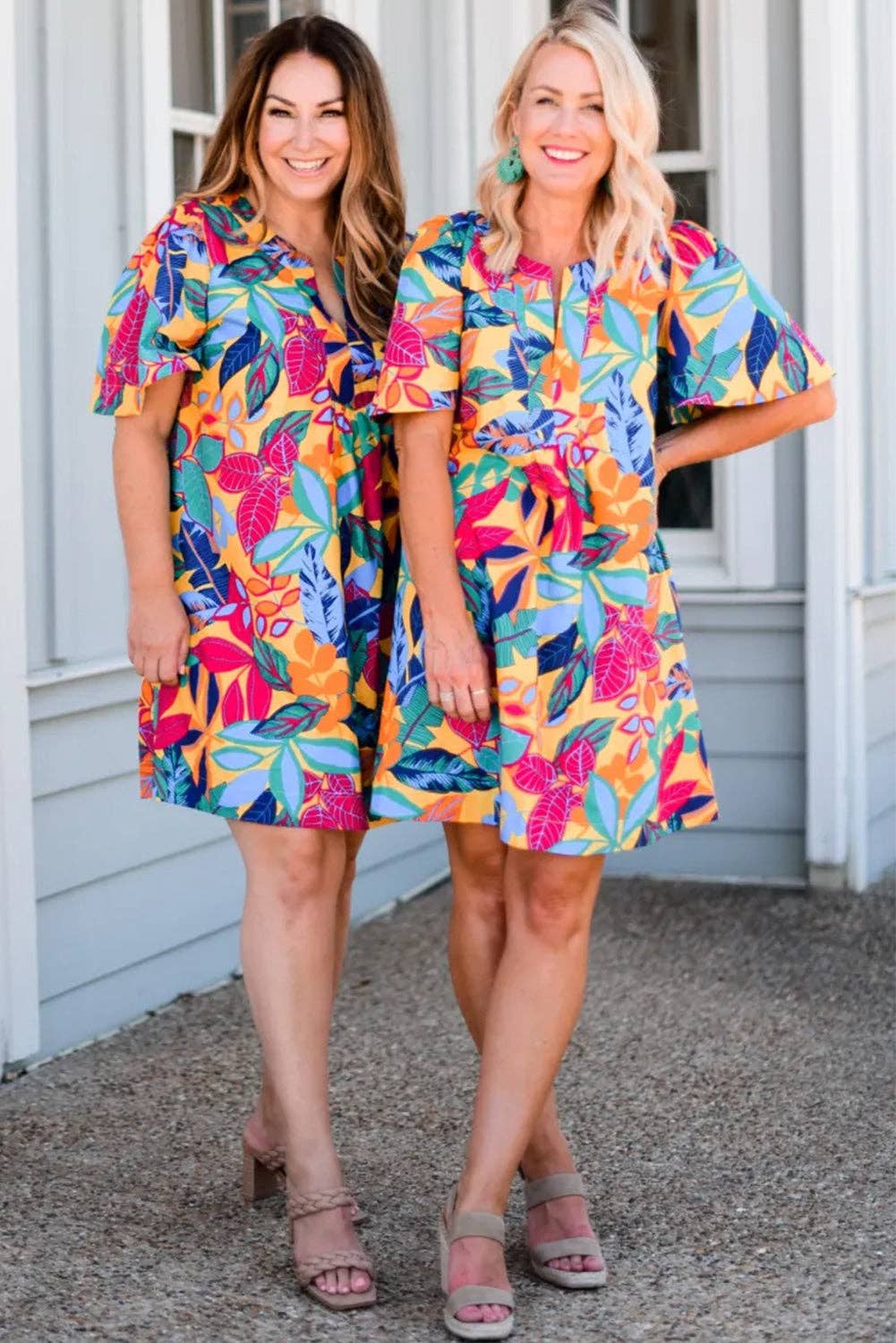 Multicolour Plus Size Leafy Print Split Neck Short Sleeve Shift Dress: Multicolour