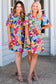 Multicolour Plus Size Leafy Print Split Neck Short Sleeve Shift Dress: Multicolour