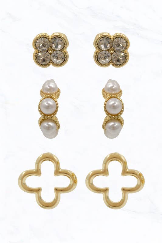 Gold Clover Stud & Pearl Hoop Earring Set