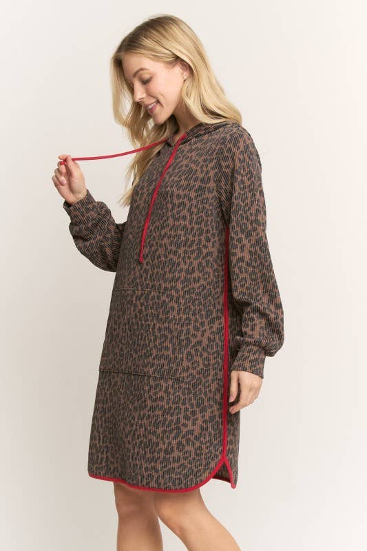 ED6906-10 ANIMAL URBAN RIBBED MINI HOODIE DRESS: Brown