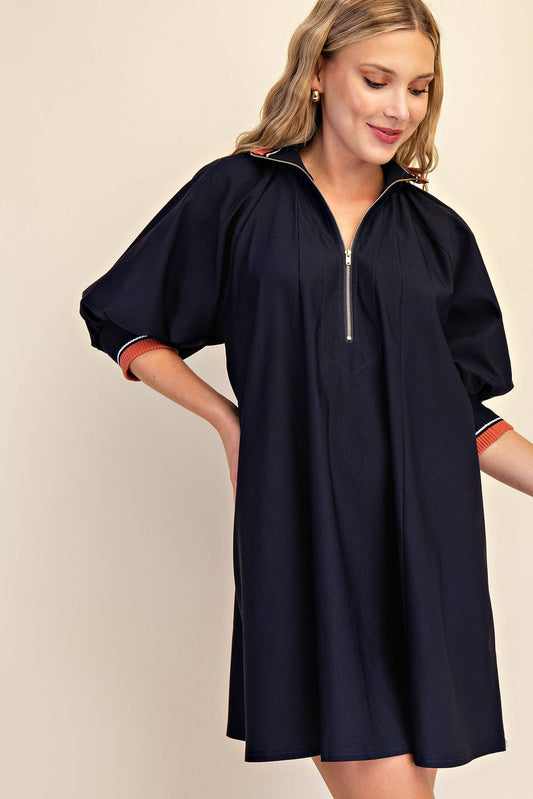 Mock Neck Band Puff Sleeve Mini Dress: BlacK