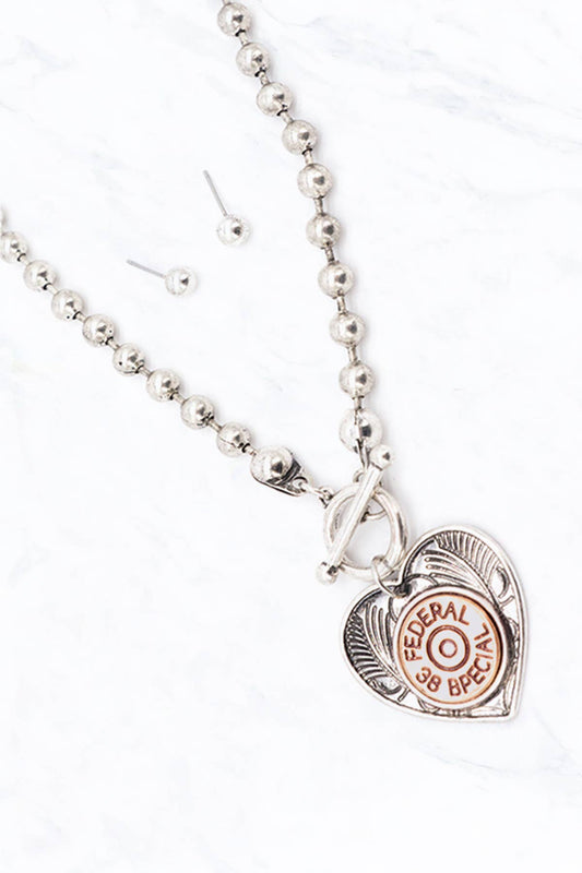 Heart with Bullet Toggle Necklace Earrings Set: Silver
