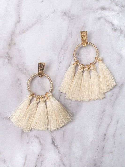 PARTY IN LA BLINGED CIRCLE STUD WITH IVORY TASSELS: Beige / One Size