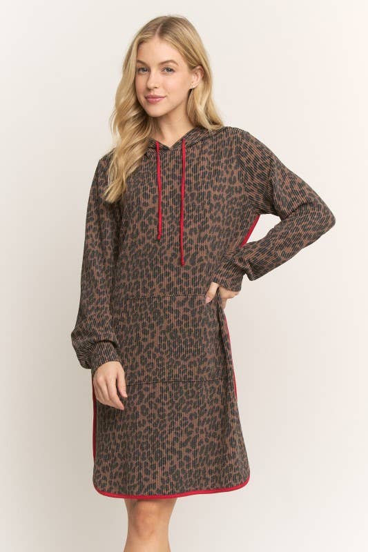 ED6906-10 ANIMAL URBAN RIBBED MINI HOODIE DRESS: Brown