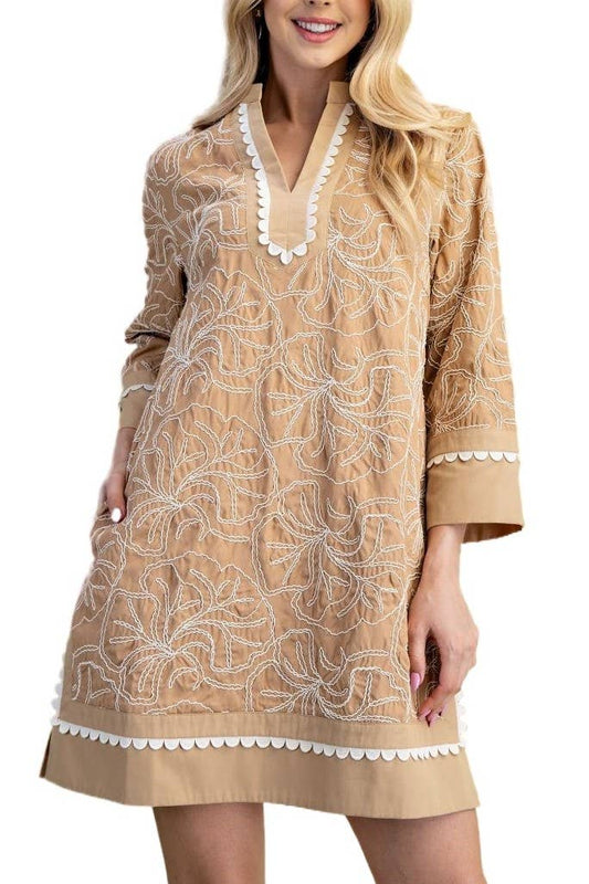 Embroidered Notch Neck Dress: TAN