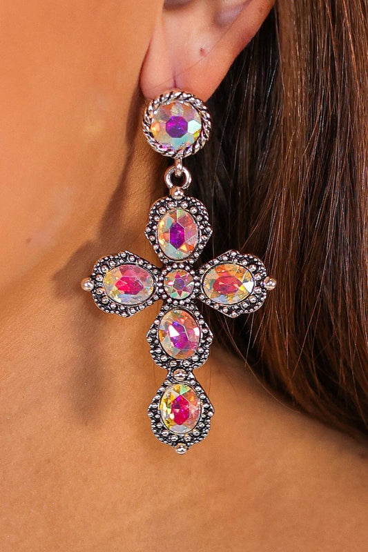 Silver Crystal Cross Earrings: White / One Size