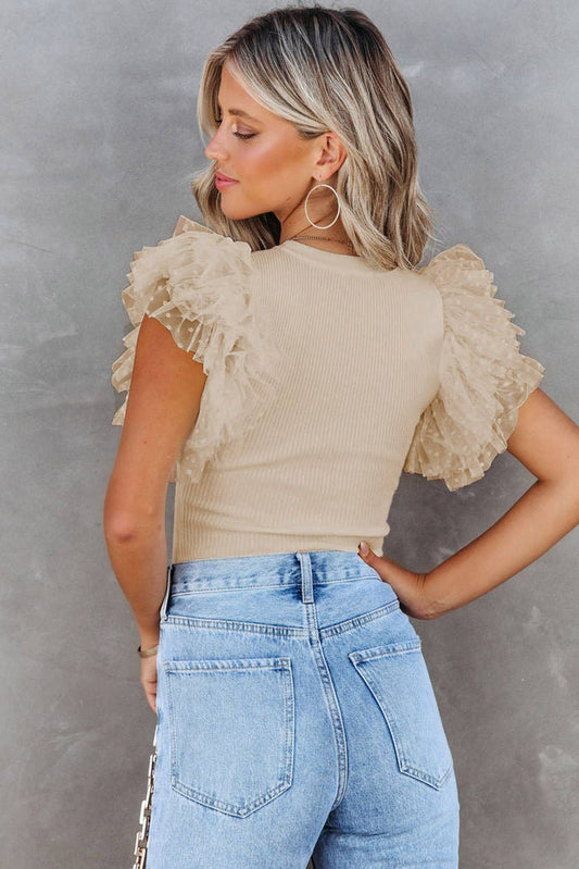 Dotty Mesh Ruffle Sleeve Ribbed Knit Top: Apricot