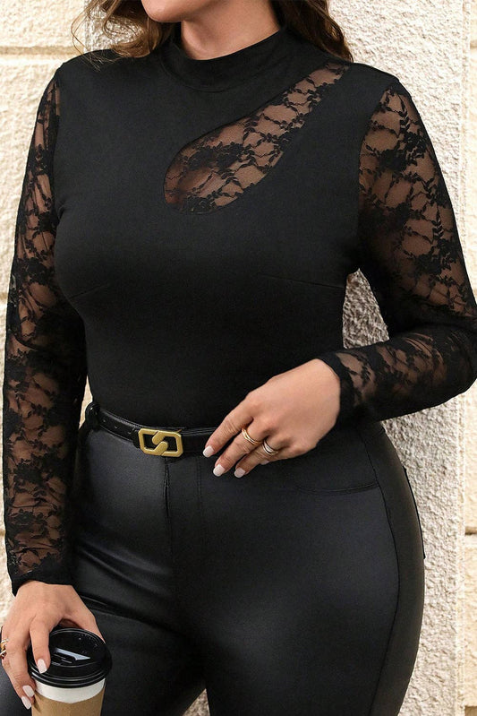 Black Plus Size Lace Patchwork Asymmetric Cutout Sheer Long Sleeve Top: Black / 93%Viscose+7%Elastane