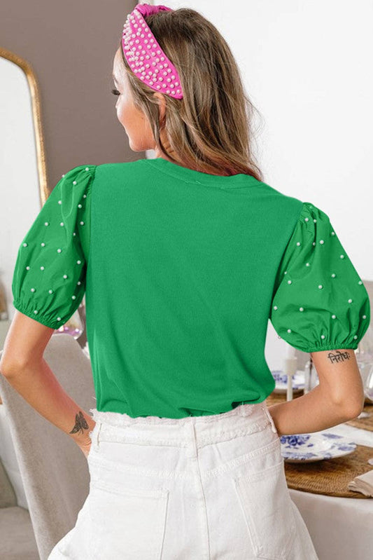 Black Ribbed Pearl Beaded Puff Sleeve Top: Bright Green / 93%Viscose+7%Elastane