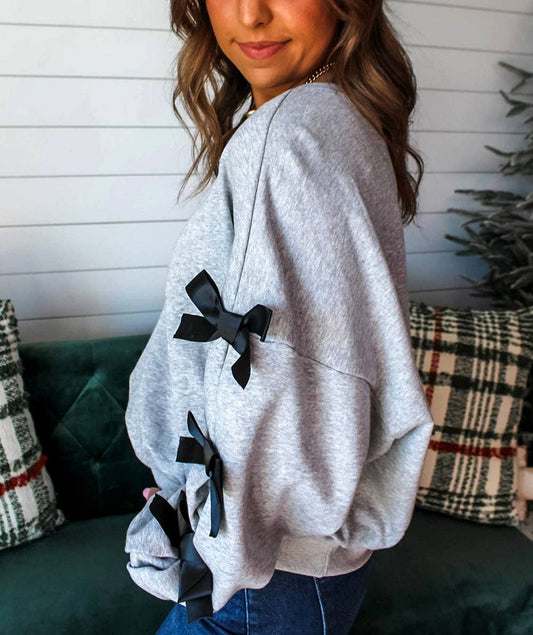 Light Grey Contrast Bow Applique Drop Sleeve Round Neck Sweatshirt: Light Grey / 50%Polyester+50%Cotton