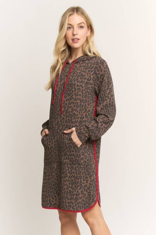 ED6906-10 ANIMAL URBAN RIBBED MINI HOODIE DRESS: Brown
