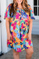 Multicolour Plus Size Leafy Print Split Neck Short Sleeve Shift Dress: Multicolour