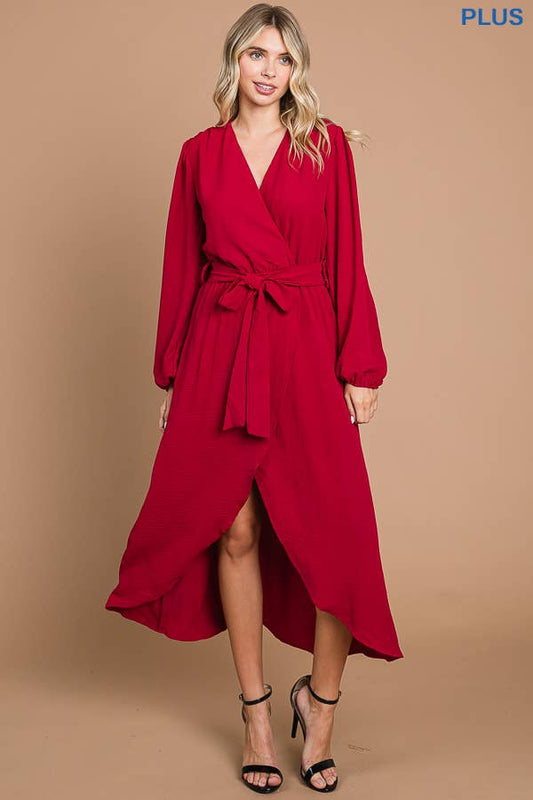 FAUX WRAP MAXI HIGH & LOW DRESS: DARK RED