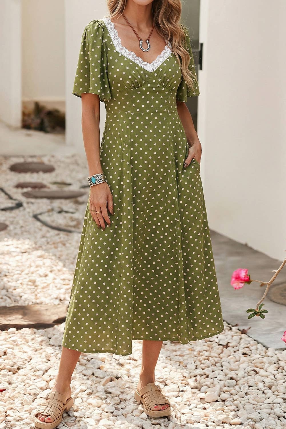 Polka Dot Lacy Neckline Smocked High Waist Maxi Dress