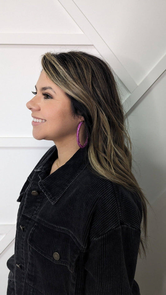LET'S GO GIRLS TURQUOISE CRYSTAL HOOP EARRINGS: Fuchsia / One Size