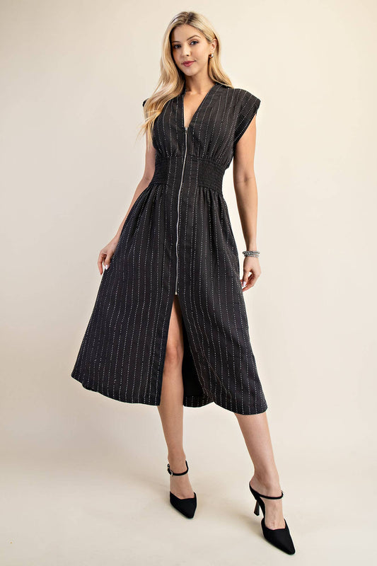 V-Neck Shoulder Padded Front Zip Midi Dress: Black