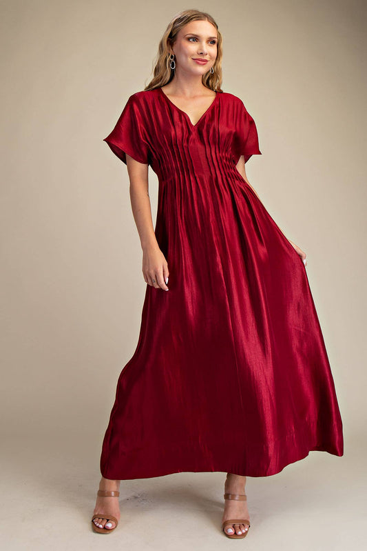V-Neck Short Sleeve Front Pintuck Maxi Dress: Burgundy
