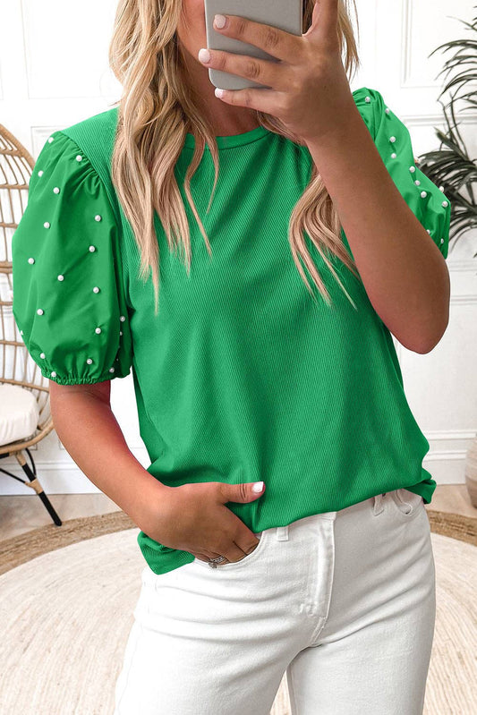 Black Ribbed Pearl Beaded Puff Sleeve Top: Bright Green / 93%Viscose+7%Elastane