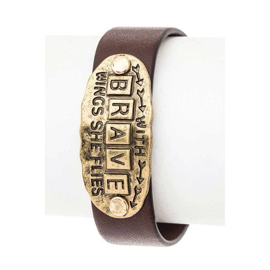BRAVE Embossed Tag Leather Bracelet: Gold