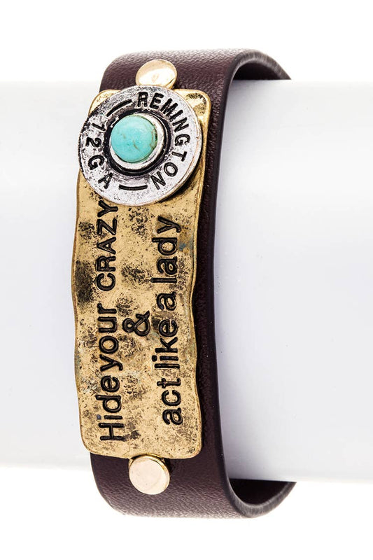 Engraved Bullet Leather Boho Bracelet: Gold