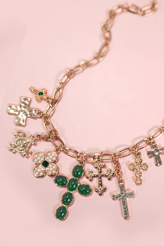 CHARM NECKLACE-MULTI CROSS CHARMS NECKLACE | 80N1290: GOLD