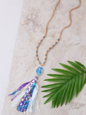 Mystical Mermaids Beaded Necklace with Stone Pendant and Scales & Lace Tassels: Multi / One Size