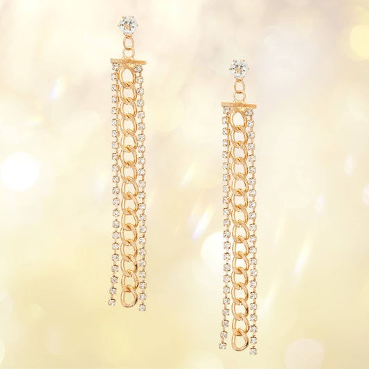 Rhinestone Chain Long Drop Earrings: Rhodium