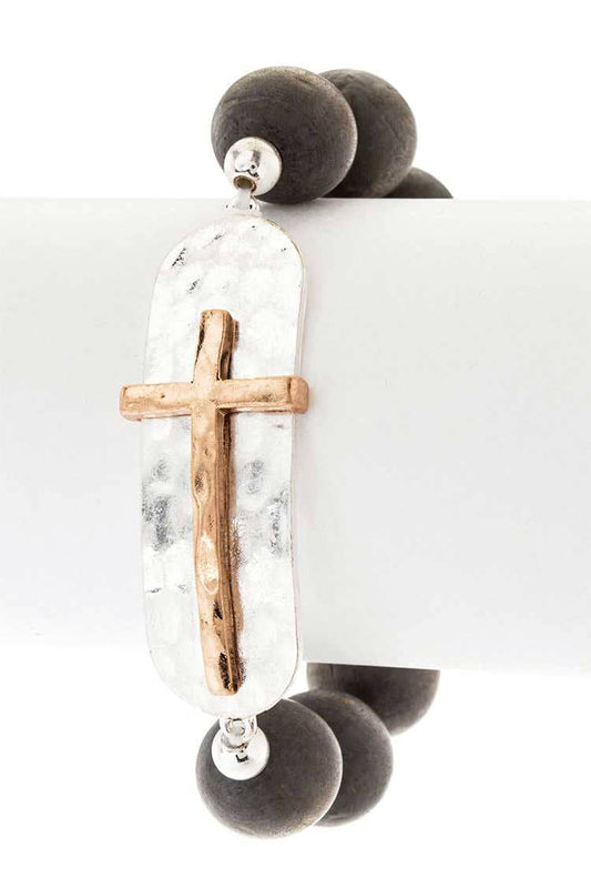 2 Tone Cross Charm Stretch Bracelet: Silver