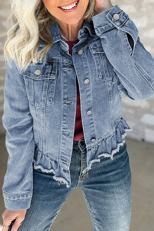 Beau Blue Ruffle Raw Hem Flap Pockets Denim Jacket: Beau Blue