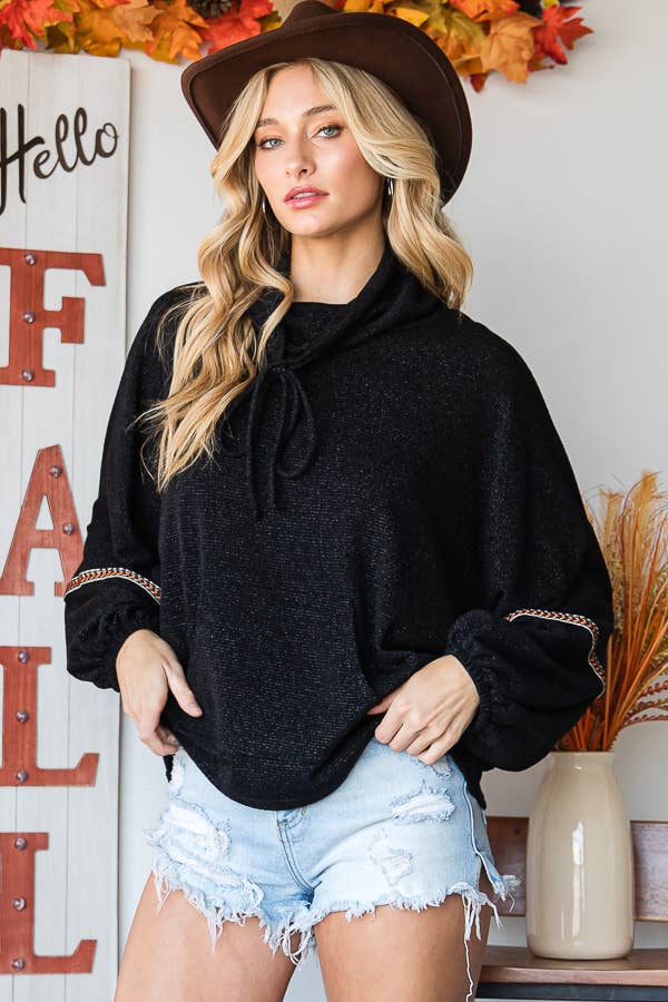 Stringed Turtleneck Hoodie Sleeve Top: Black