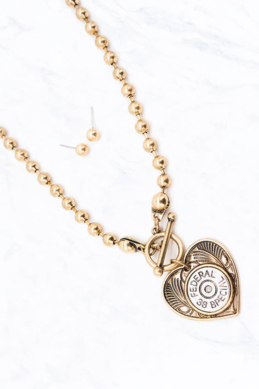 Heart with Bullet Toggle Necklace Earrings Set: Silver