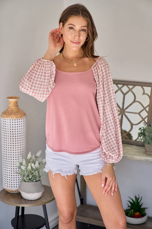 Woven and knit mixed long-sleeve top: Pink / Contemporary