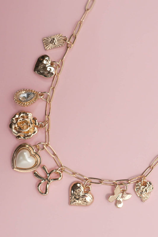 CHARM NECKLACE-BOW HEART RHINESTONE FLOWER | 80N91405: Gold